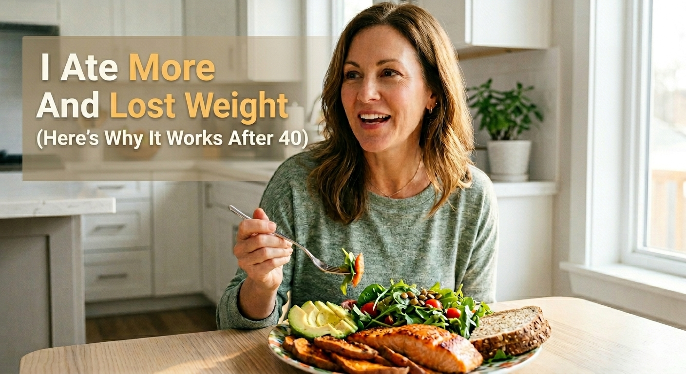Woman in her late 40s enjoying a full, colorful meal at her kitchen table