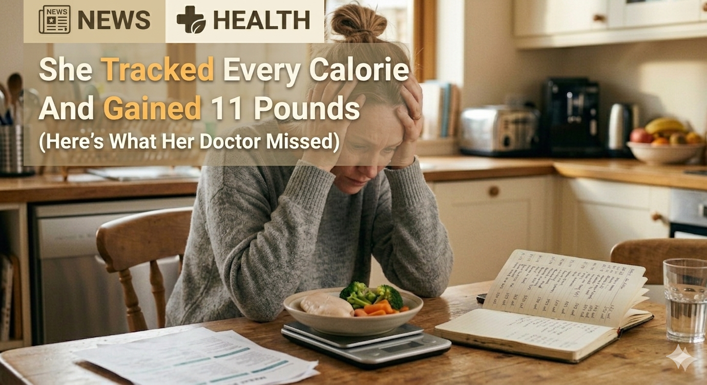 Woman in her 40s looking frustrated at a food tracking app on her phone with a food scale and healthy meal on the counter