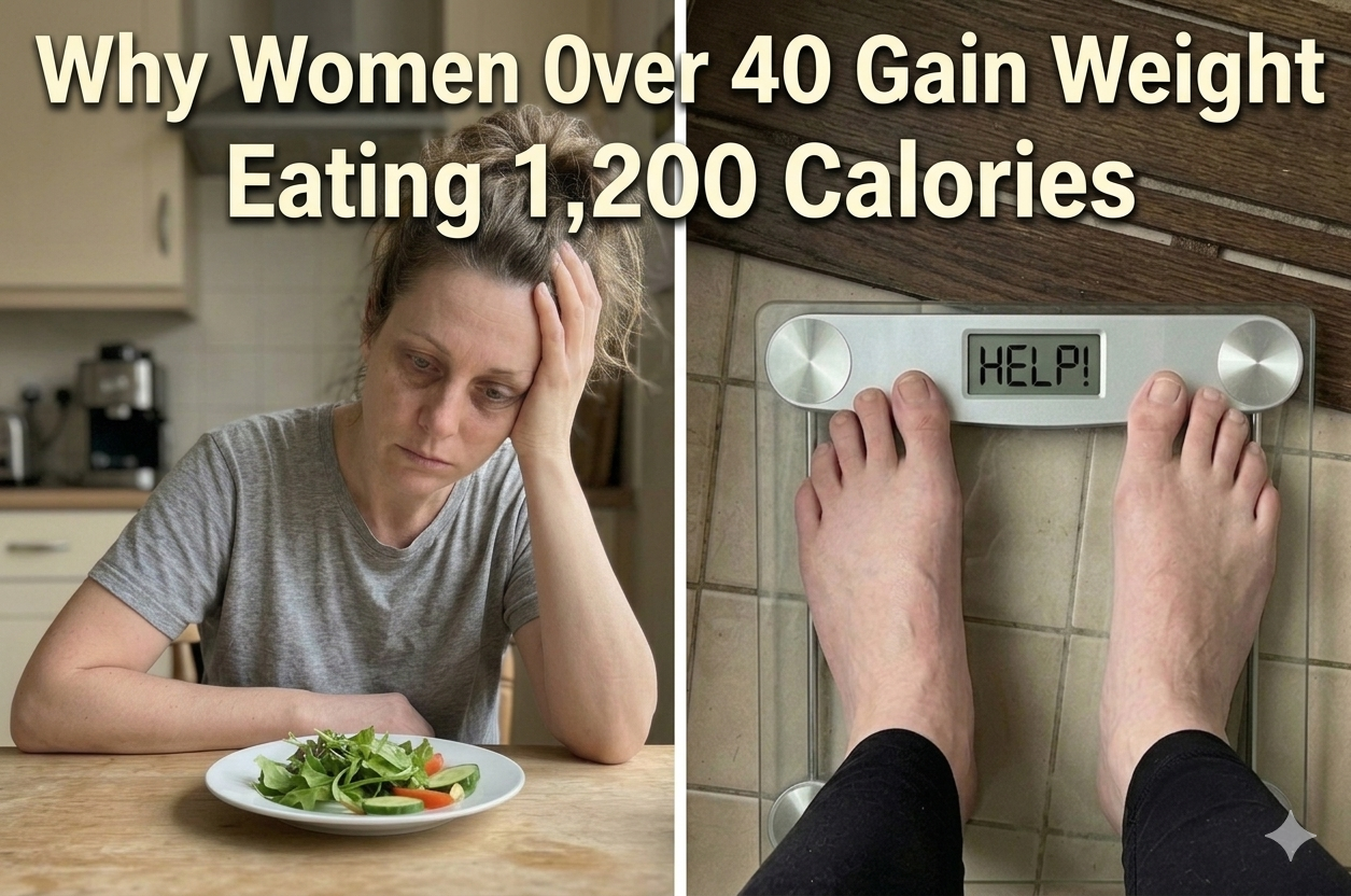 Woman standing on a bathroom scale looking down with a frustrated expression